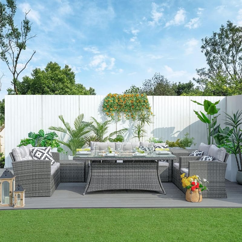 Abrihome 7-piece Patio Outdoor Wicker Sofa Set with Fire Pit Table - Grey