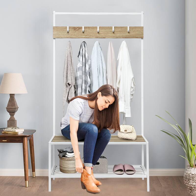 COSTWAY 3 in 1 Industrial Coat Rack Shoe Bench Entryway Hall Tree - 35.5'' x 16'' x 67'' (LxWxH)