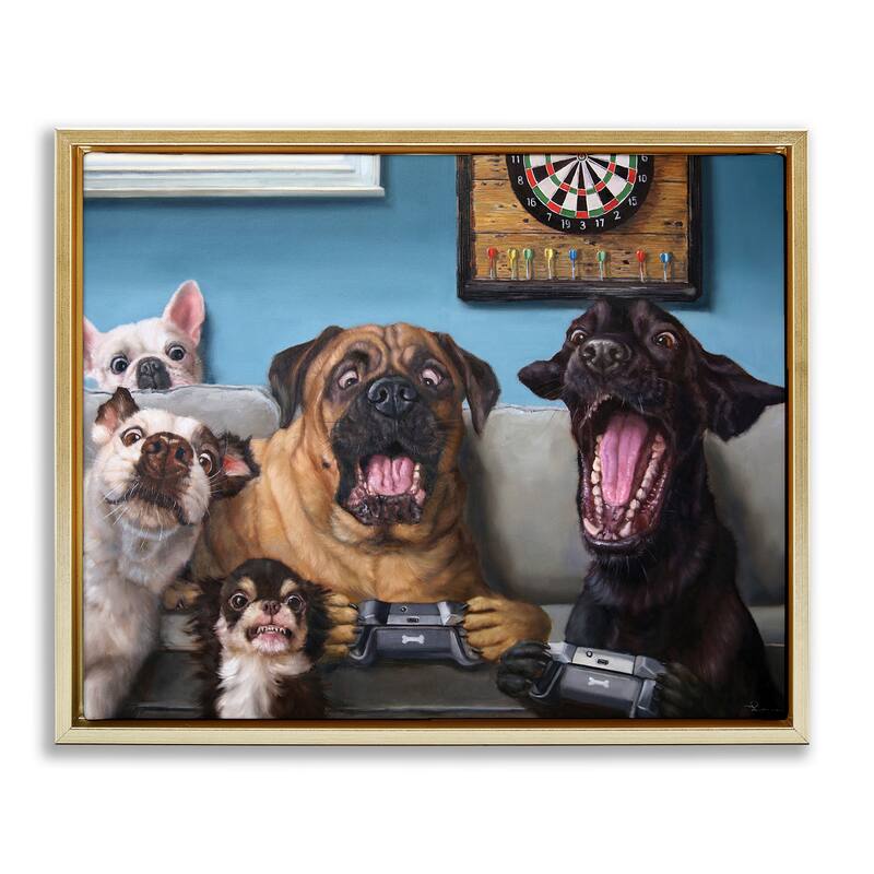 Stupell Funny Dogs Playing Video Games Livingroom Pet Portrait Floater Frame - Blue - 31 x 25 - Gold