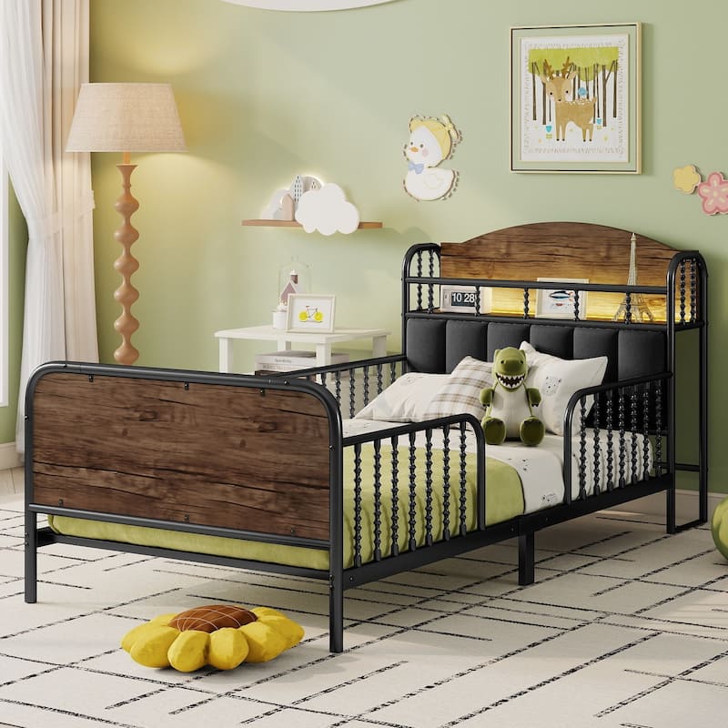 Kids Platform Bed Metal Frame with Linen Fabric Upholstered Storage Headboard Built-in Light Strip, Both Sides Rails