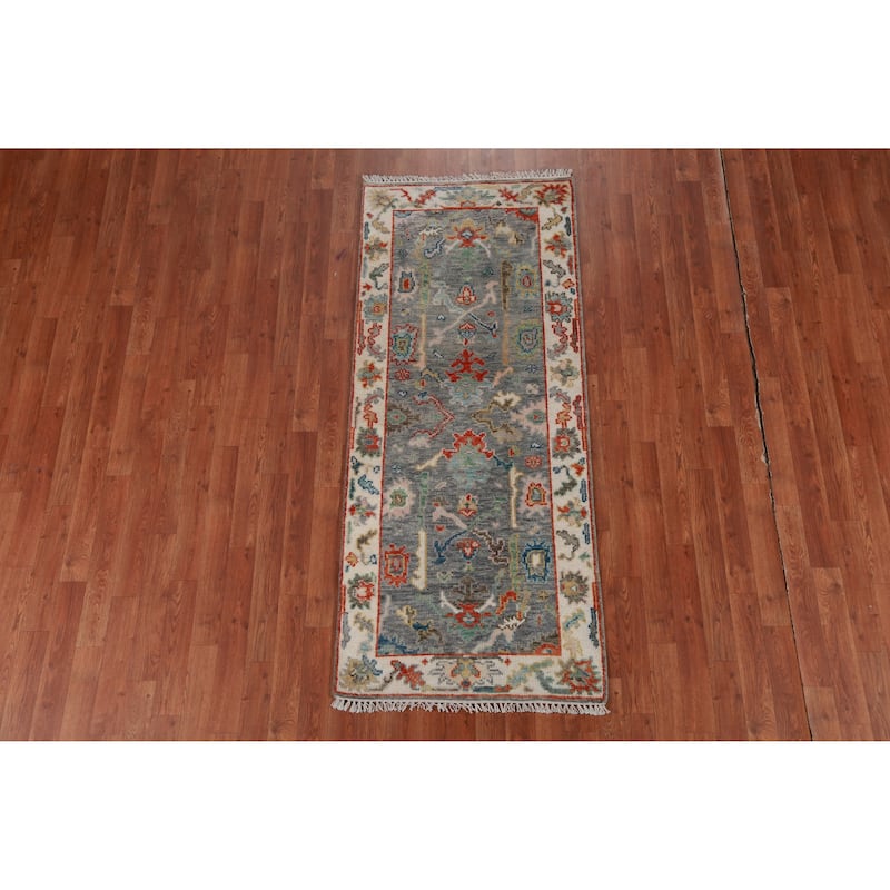 Gray Ivory Oushak Oriental Rug Hand-Knotted Wool Carpet - 2'7" x 6'2"