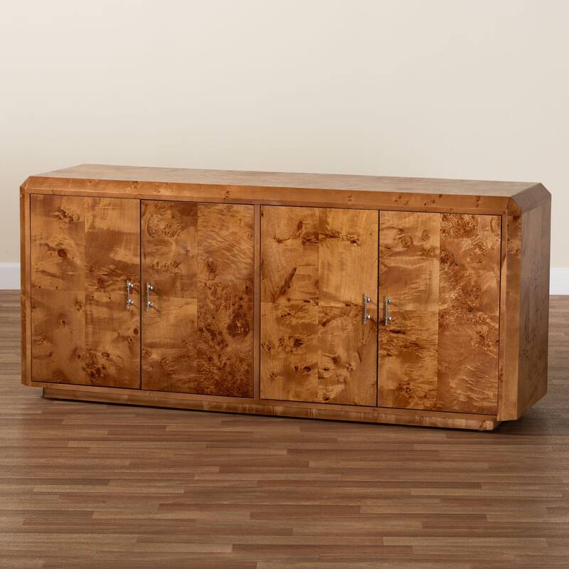 Valora Modern and Contemporary Natural Mappa Real Burl Wood 4-Door Sideboard Buffet
