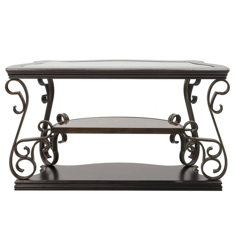 Dark Brown Glass Tabletop Entryway Sofa Table with Shelf