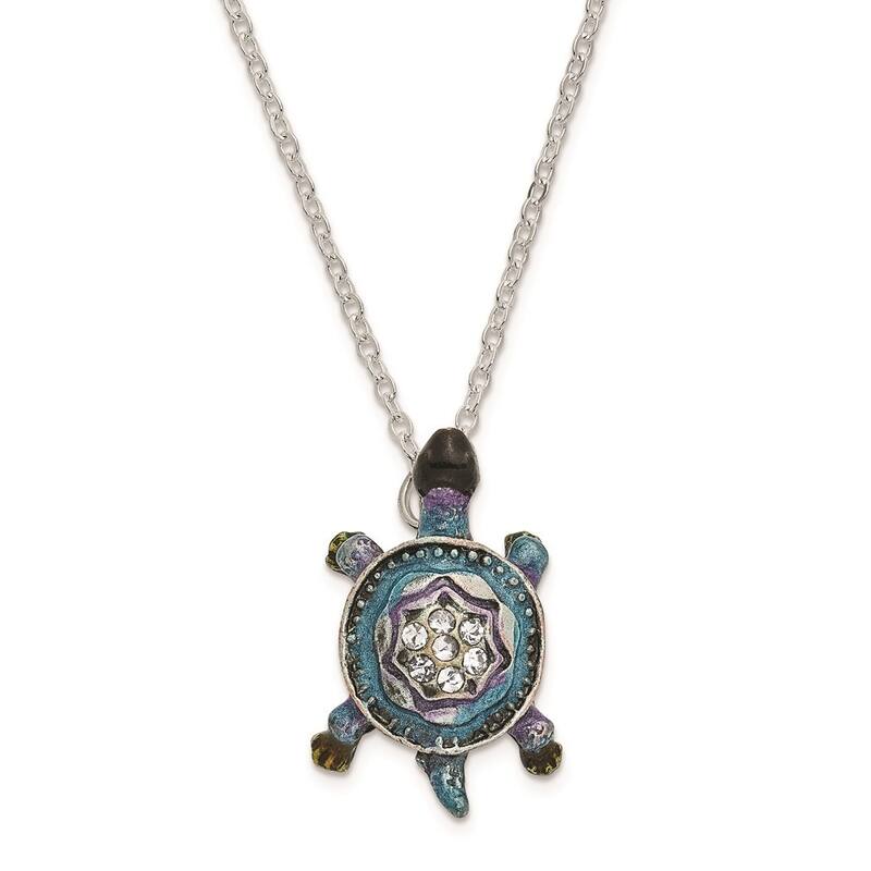 Curata Pewter Bejeweled Crystals Pewter-Tone Enameled Amazing Azure Turtle Trinket Box on 18 Inch Necklace
