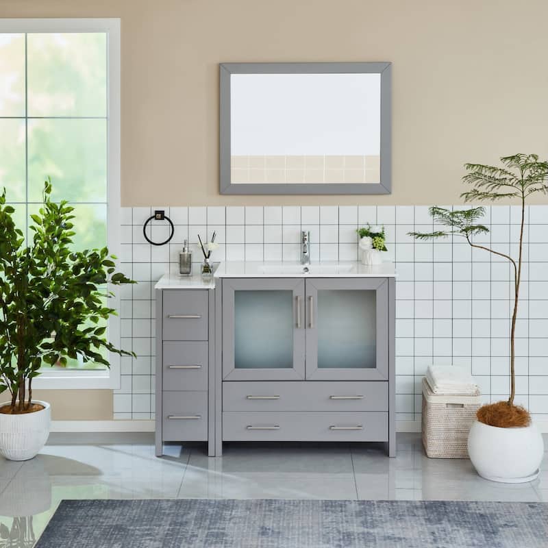 Vanity Art 48-Inch Single Sink Bathroom Vanity Set 5 Dove-Tailed Drawers 2 Cabinets 1 Shelf Soft-Closing Doors with Free Mirror - Grey