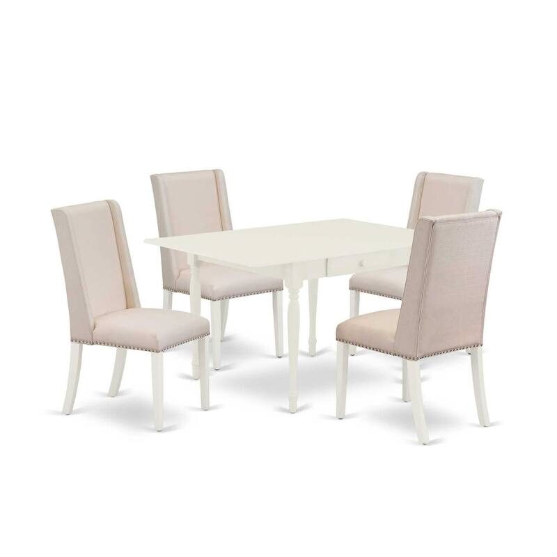 Medieval Kitchen Table Set - 5 Piece Dining Set - Hardwood Table & 4 Parsons Chairs - Linen White Finish