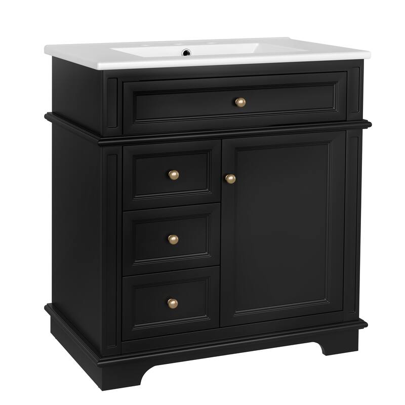 30" Bathroom Vanity with Sink, One Tip-out Drawer, Three Drawers, Door Shelf, Soft Closing Door, Black