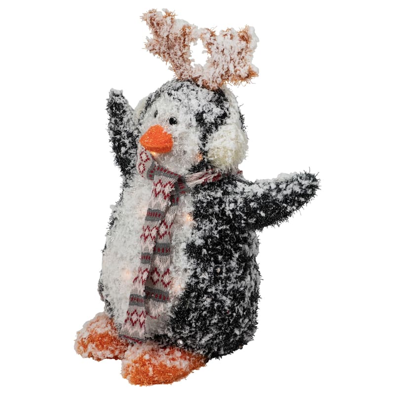Lighted Snowy Penguin in Antler Hat Outdoor Christmas Decoration - 22" - Warm White - Black