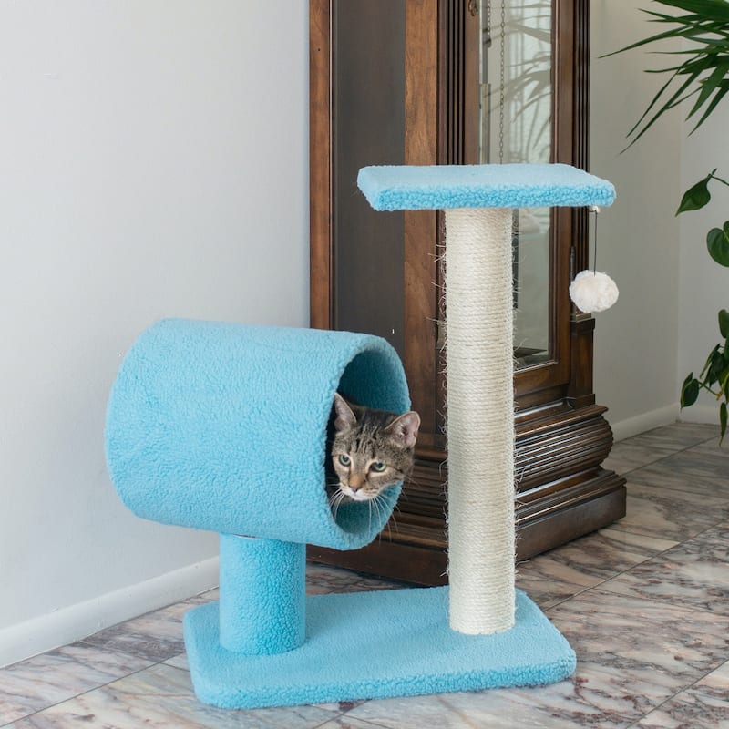 Sky Blue Real Wood Cat Tree With Scratcher And Tunnel for Privacy And Hiding - Sky Blue