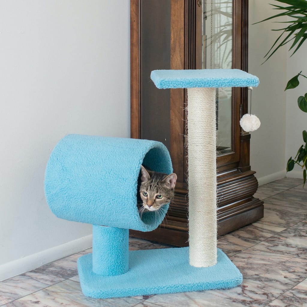 Sky Blue Real Wood Cat Tree With Scratcher And Tunnel for Privacy And Hiding