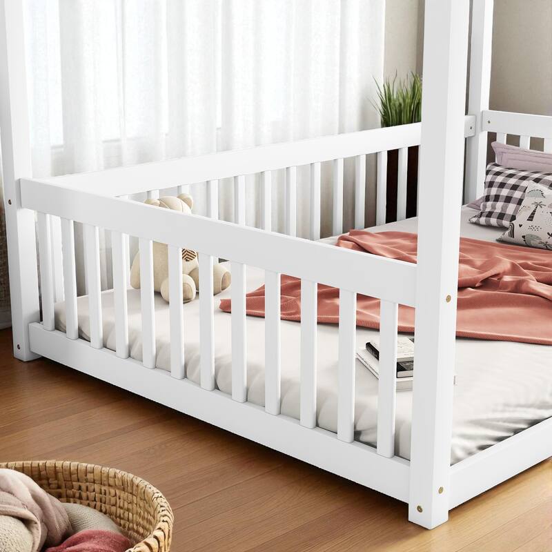 Full Size Wooden Canopy Floor Bed with Guardrails and Fence, Rubber Wood Frame, Kids Montessori Bed