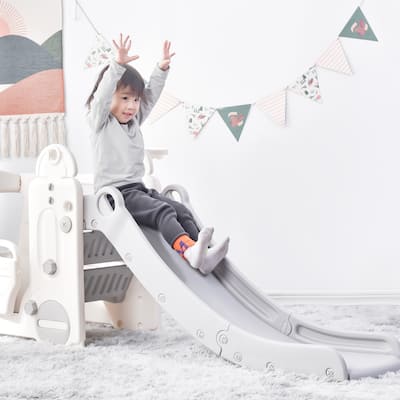 Freestanding Kids Slide with Bus Play Structure Climber and Basketball Hoop