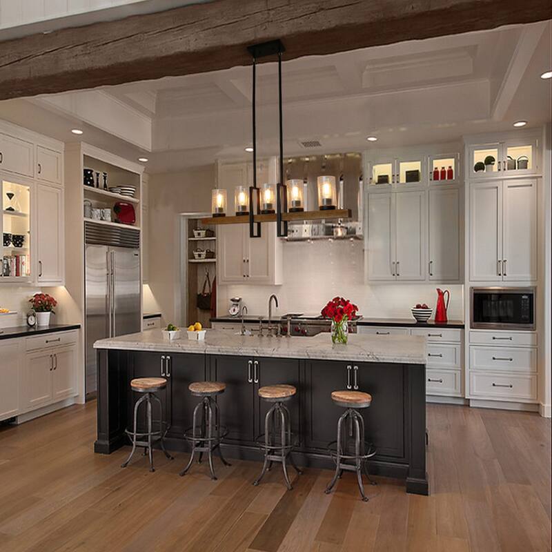 Anmytek Metal Wood Chandelier Rustic Hanging Edison Pendant Light Ceiling 5 Lights for Dining Room