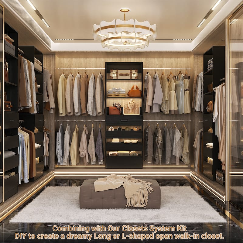 Rackcog 74''-115'' Closet System with 4 Wooden Drawers and 4 Hanging Rods, Sturdy Closet Organizer for Walk-in/Reach-in Closet