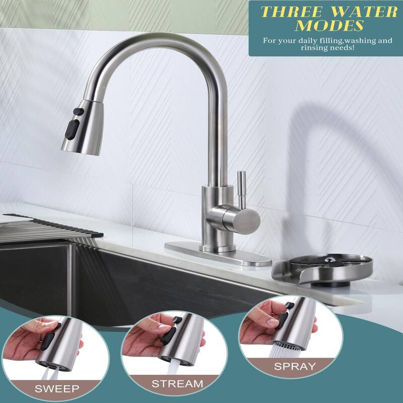 WOWOW Single-Handle Pull Down Sprayer Kitchen Faucet with Glass Rinser