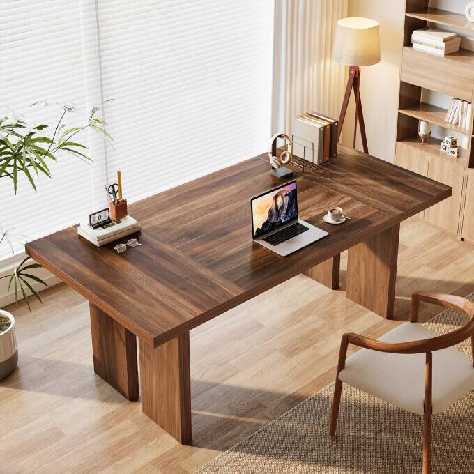 63-Inch Wooden Executive Desk, Mid-Century Modern Office Computer Des