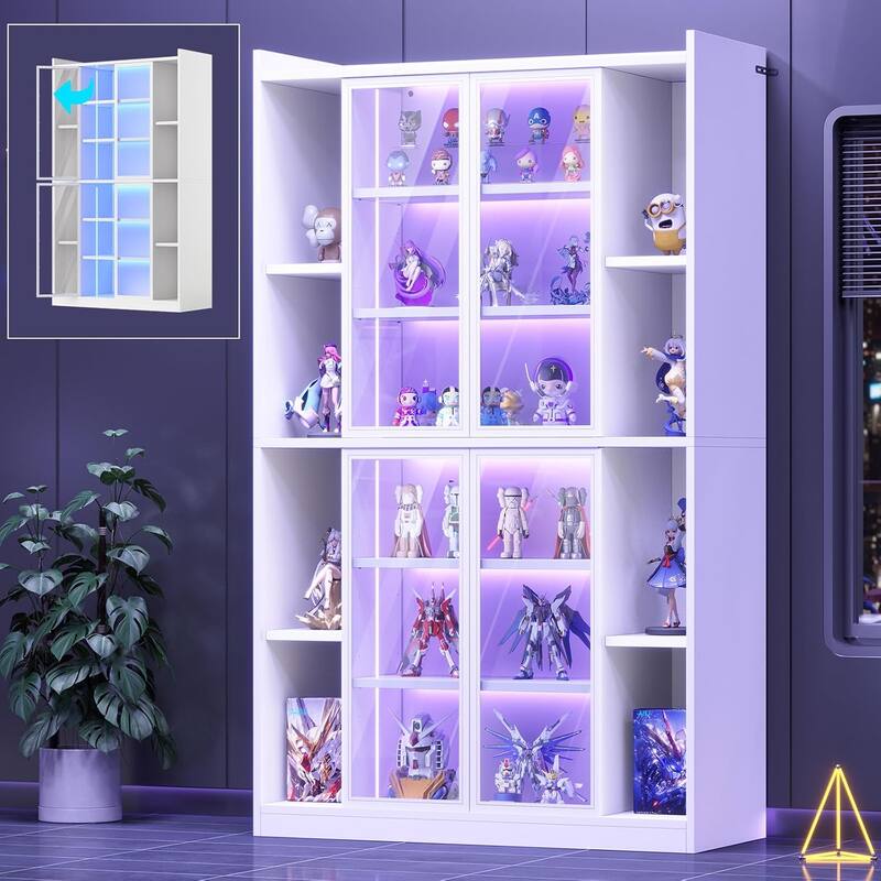 Display Cabinet Glass Doors 6 Tier Tall Bookcase LED Lights Curio Cabinet Adjustable Shelves - White