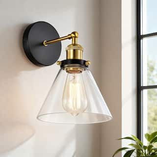 Mateo Black and Antique Brass 1-Light Wall Sconce with Clear Glass Shade