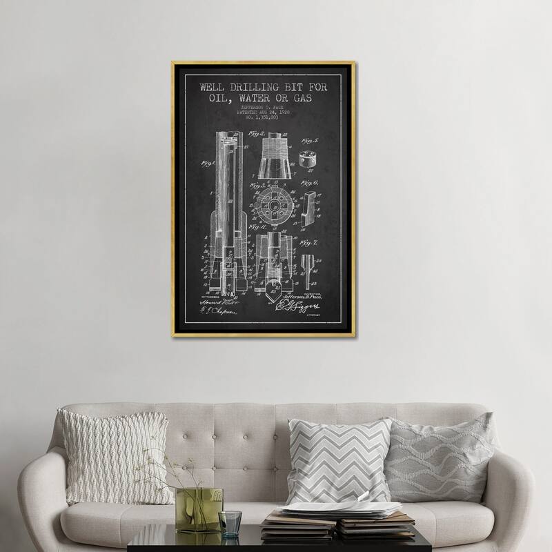 iCanvas "Oil Drill Bit Charcoal Patent Blueprint" by Aged Pixel Framed Canvas Print