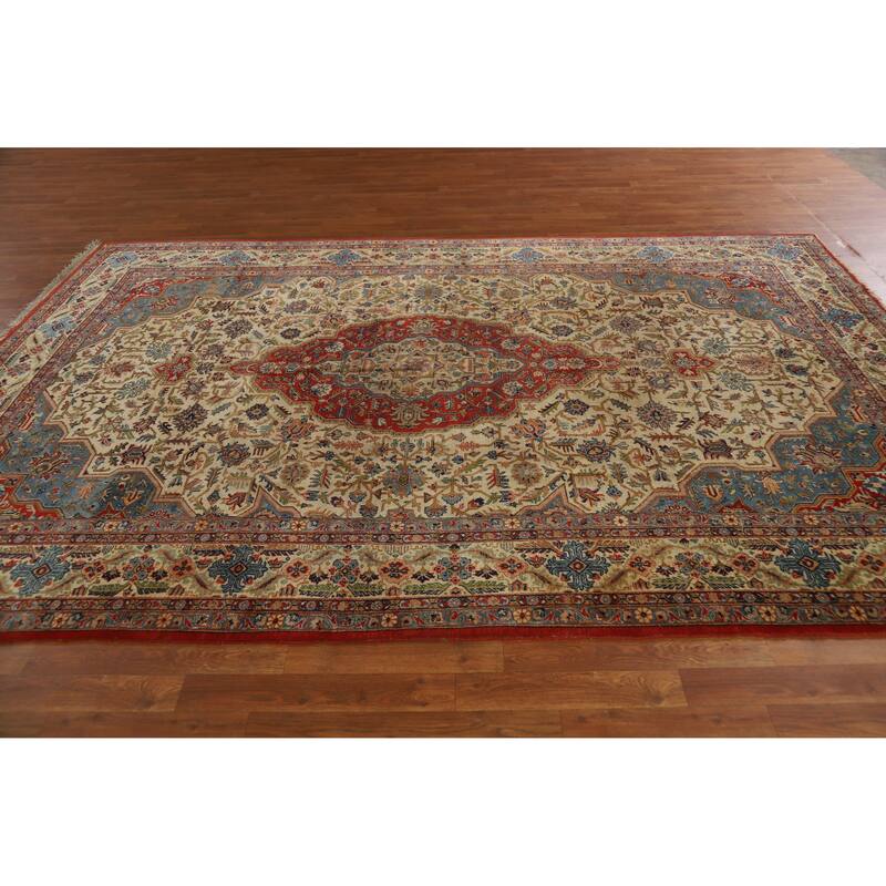 Hand Knotted Oriental 100% Wool Carpet Traditional Medallion Beige & Ivories Yazd Area Rug - 10' 7'' X 6' 10''