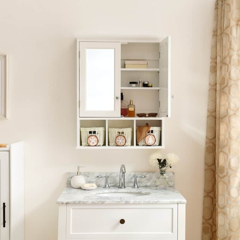 Wall Mounted Bathroom Storage Cabinet with Adjustable Shelves, Medicine Cabinet with 2 Mirror Doors and 3 Baskets