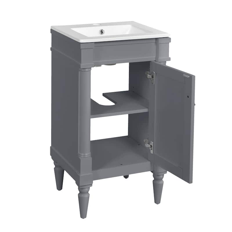 GDFStudio - Wexford Retro Freestanding Bathroom Vanity with Ceramic Sink, Solid Pine Wood Legs & Adjustable Shelf - 18'W