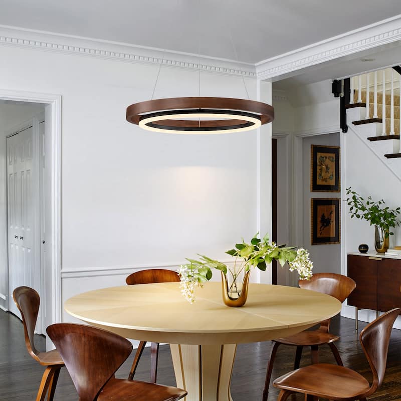 Modern 24" Walnut LED Wood Chandelier Ring Chandelier for Living Room Foyer