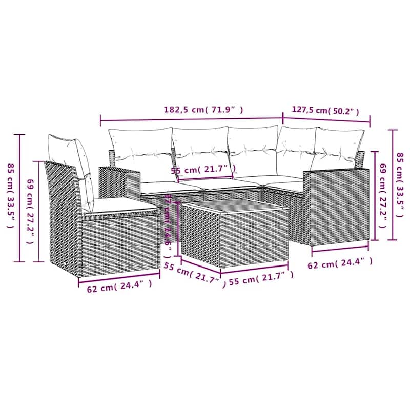 vidaXL 6 Piece Patio Sofa Set with Cushions Black Poly Rattan - 24.4 x 24.4 x 27.2