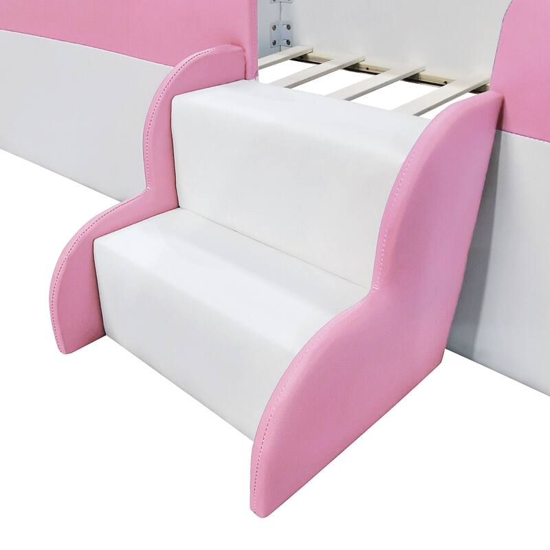 Roomfitters Twin/Full/Queen/King Size Upholstered Daybed Frame with Safety Fence and Stairs, PU Fabric Platform Bed with Slats