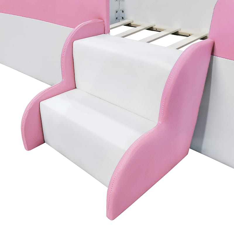 Upholstered Daybed Frame Two-color Grounded Toddler Floor Bed Low Profile Sofa Bed with Fence and Stairs Wood Slat Support Bed