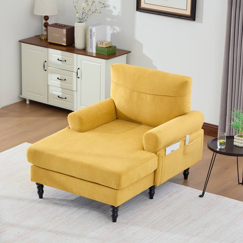 Modern Chaise Lounge Single Sofa Chair, Chenille Fabric Recliner Armchair with Side Pockets and Wooden Legs