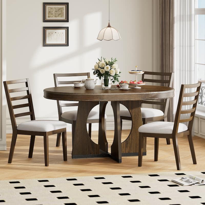 Walnut Dining Set with Extendable Round Table & 4 Upholstered Chairs