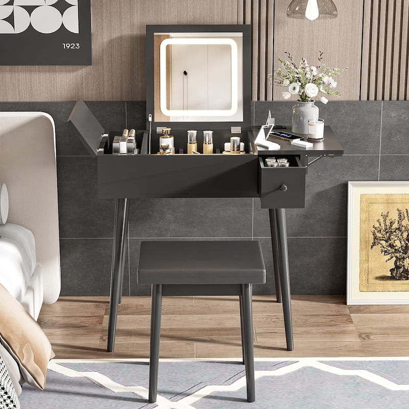 Black Makeup Vanity Desk with Flip Top Mirror - Black