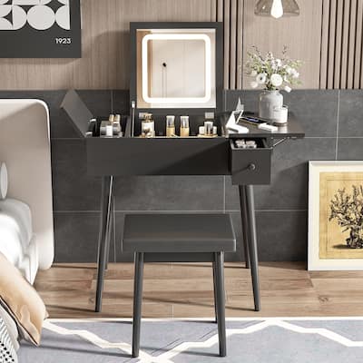 Black Makeup Vanity Desk with Flip Top Mirror