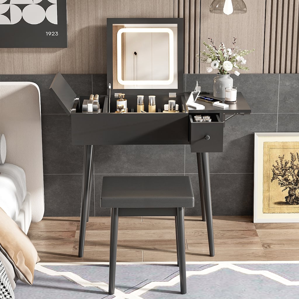 Black Makeup Vanity Desk with Flip Top Mirror