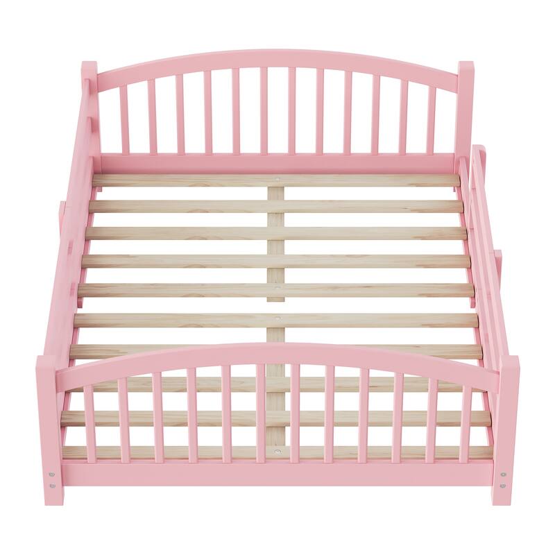 Montessori Solid Pine Floor Bed with Full-Length Safety Fence & Slatted Base by Harper&Bright Designs