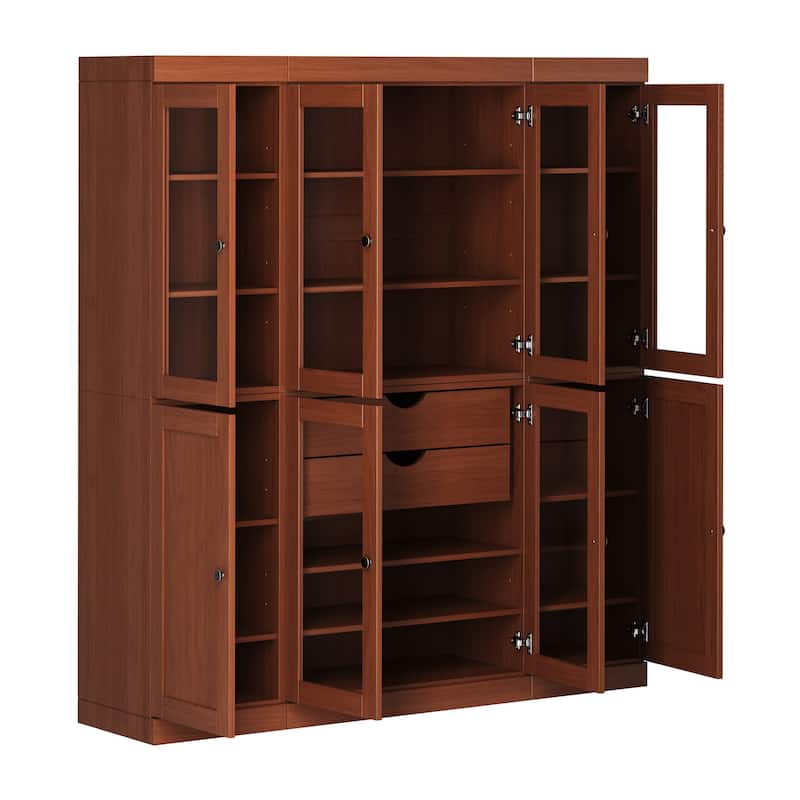 Palace Imports 100% Solid Wood 65" Pantry Cabinet with Clear Glass, Shaker Doors, 2-Drawers and Adjustable Shelves - Mocha