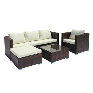 4-Piece Brown Wicker Patio Conversation Set with Beige Cushions - Bed ...