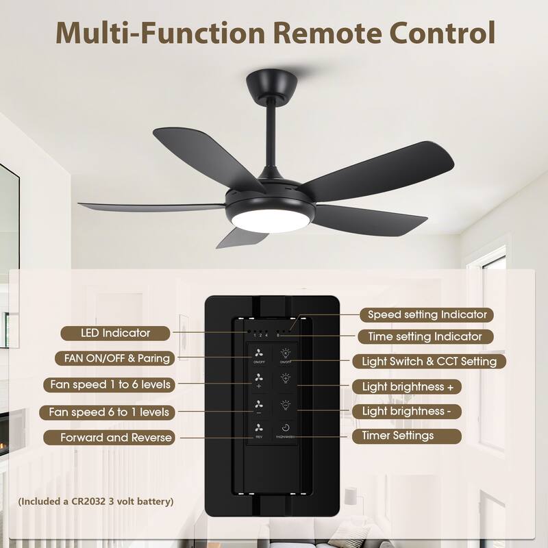 42" Modern Black Stepless Dimming LED Easy Installation 5-Blades Ceiling Fan with Light and Remote