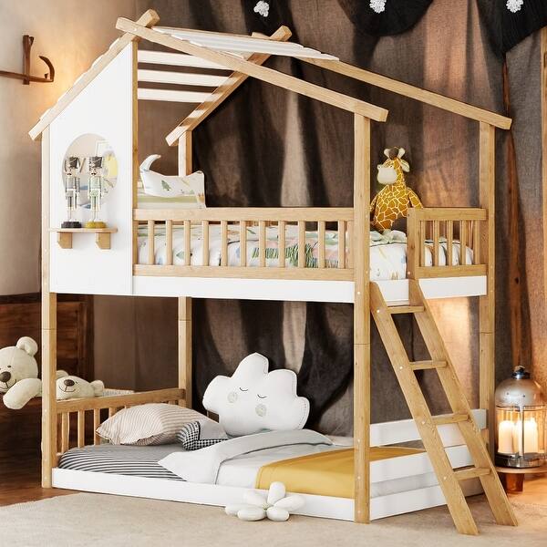 slide 2 of 27, Twin Over Twin Bunk Bed Wood Bed with Roof, Window and Ladder Natural