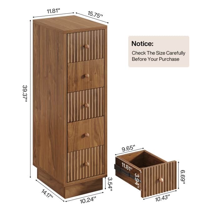 39.4" Tall Narrow Dresser Chest, Rustic 5-Drawer Storage Cabinet