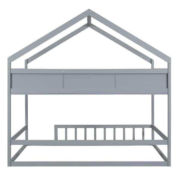 slide 2 of 10, Gray Pine Wood Playhouse Bed with Roof, Fence & Storage Shelf Gray - Full