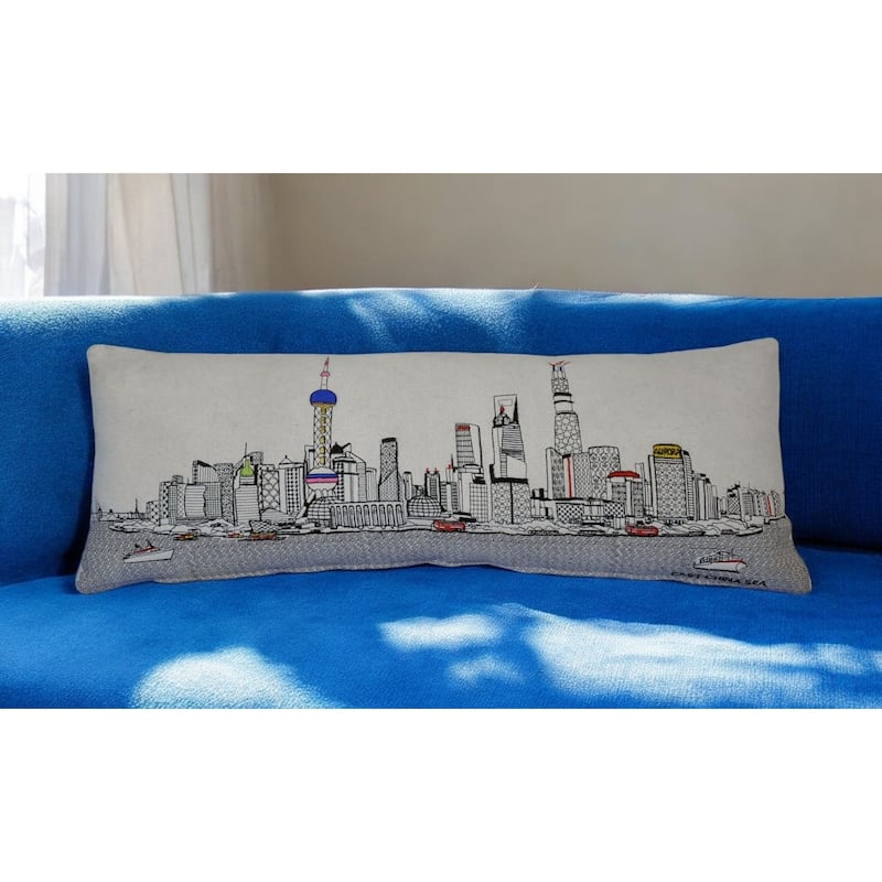 HomeRoots 35" White Shanghai Daylight Skyline Lumbar Decorative Pillow - Bed Rest - Polyester