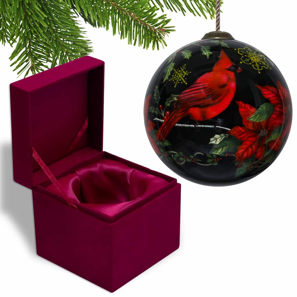 Glossy Red Cardinal Hand Painted Mouth Blown Glass Ornament - 4" x 4" x 4"