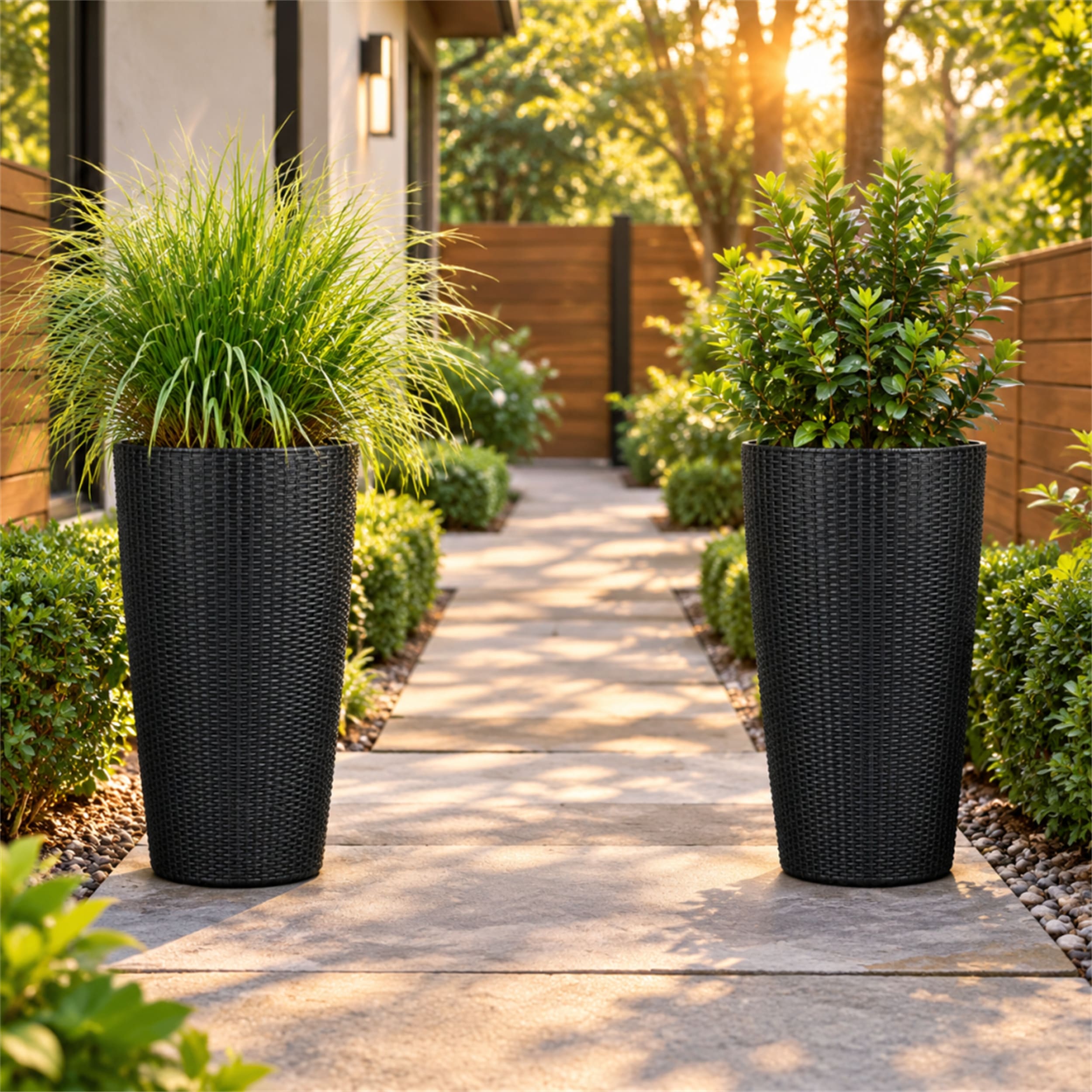 22" Auto-Watering Tall Faux Rattan Planter, Set of 2