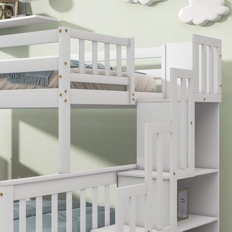 Twin Over Full Bunk Bed with 2 Drawers and StaircasesWhite Bed Bath