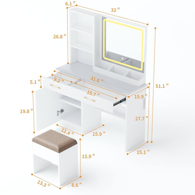 Makeup Vanity Table with LED Mirror, Power Outlet, Storage Cabinet, Cushioned Stool, 32" Wide