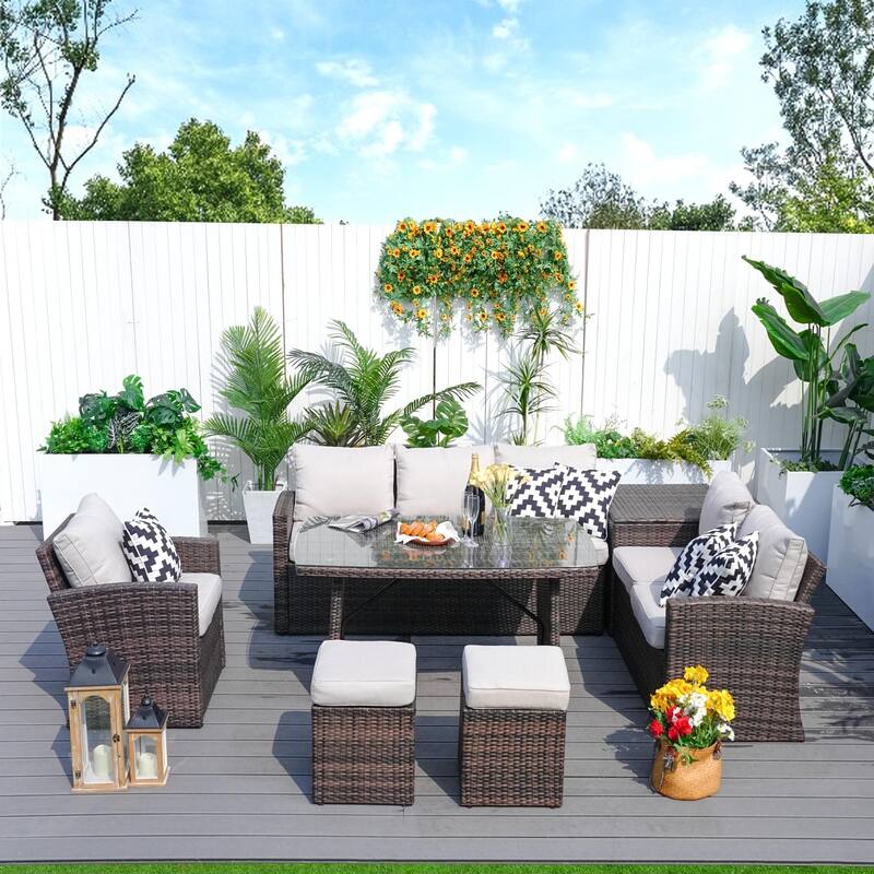 7-piece Patio Outdoor Wicker Sectional Sofa Set with Storage Box and Ottoman