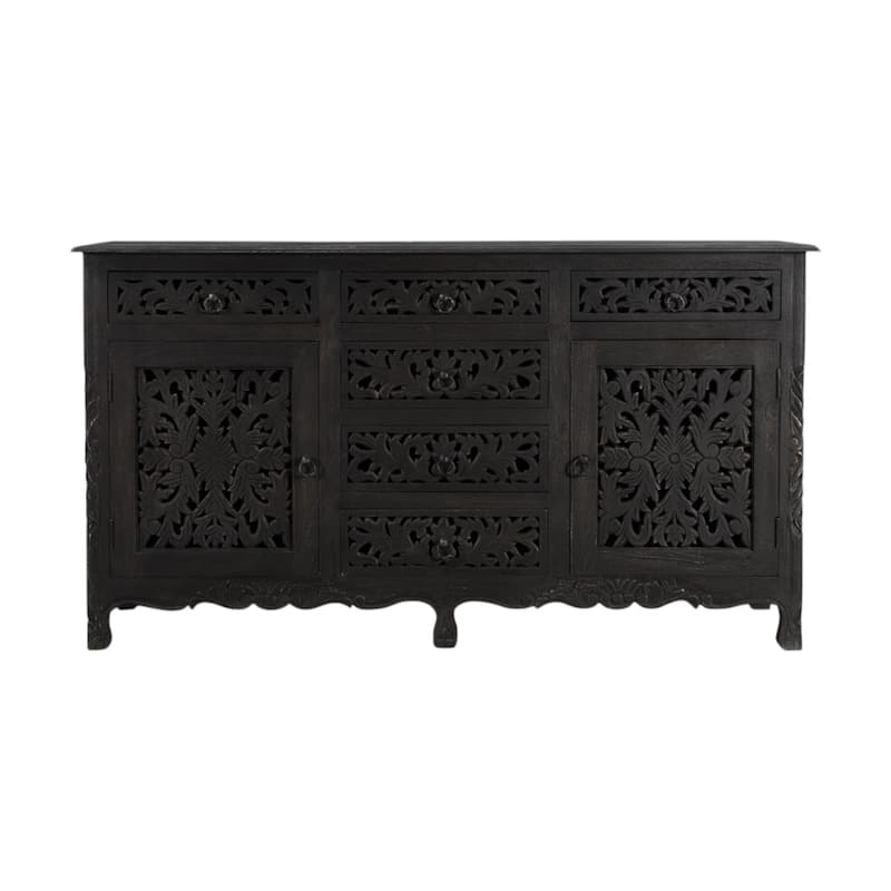 HomeRoots 66" Black Distressed Solid Wood Carved Floral Six Drawer Sideboard With Two Doors - 66.00 in. x 36.00 in. x 20.00 in.