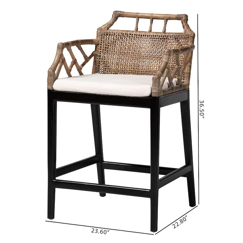 Abiel Natural Rattan Counter Stool with Arms and Removable Cushion - Handwoven Wicker Stool with Mahogany Wood Frame